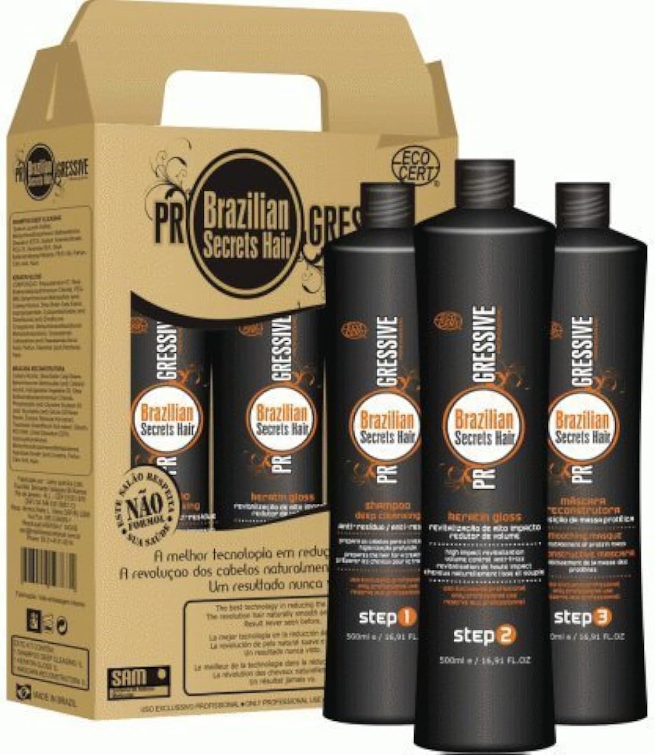 Brazilian Secrets Hair Progressive Kit, Brazilian Blow Dryer For A Natural Straight Hair, For All Hair Types, 3x500 ml
