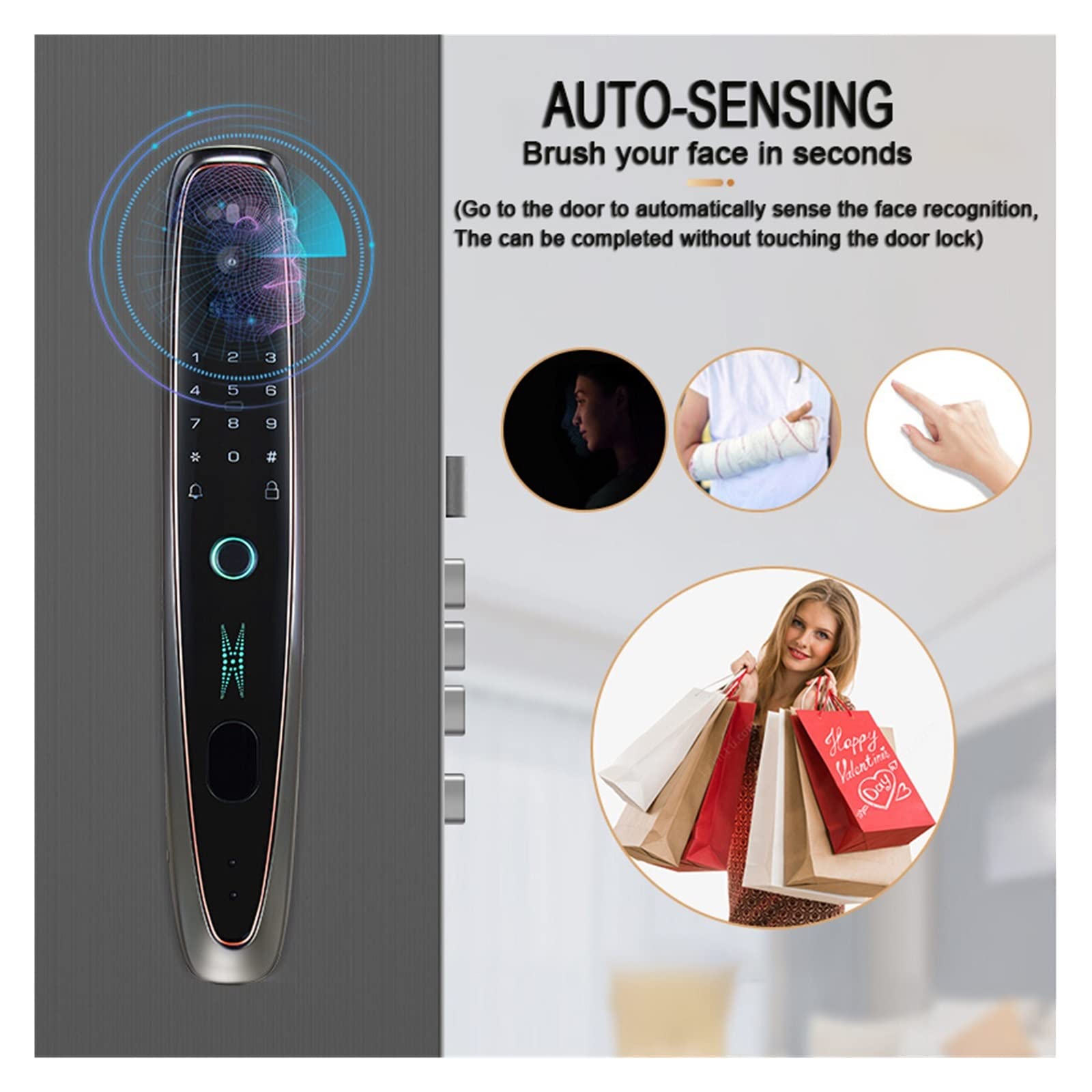Inteligentny zamek do drzwi, Tuya Smart 3D Face Blokada drzwi Security Face Camera Monitor Inteligentne hasło linii papilarnych Biometryczny klucz elektroniczny Odblokuj(Gold-24-280-R)