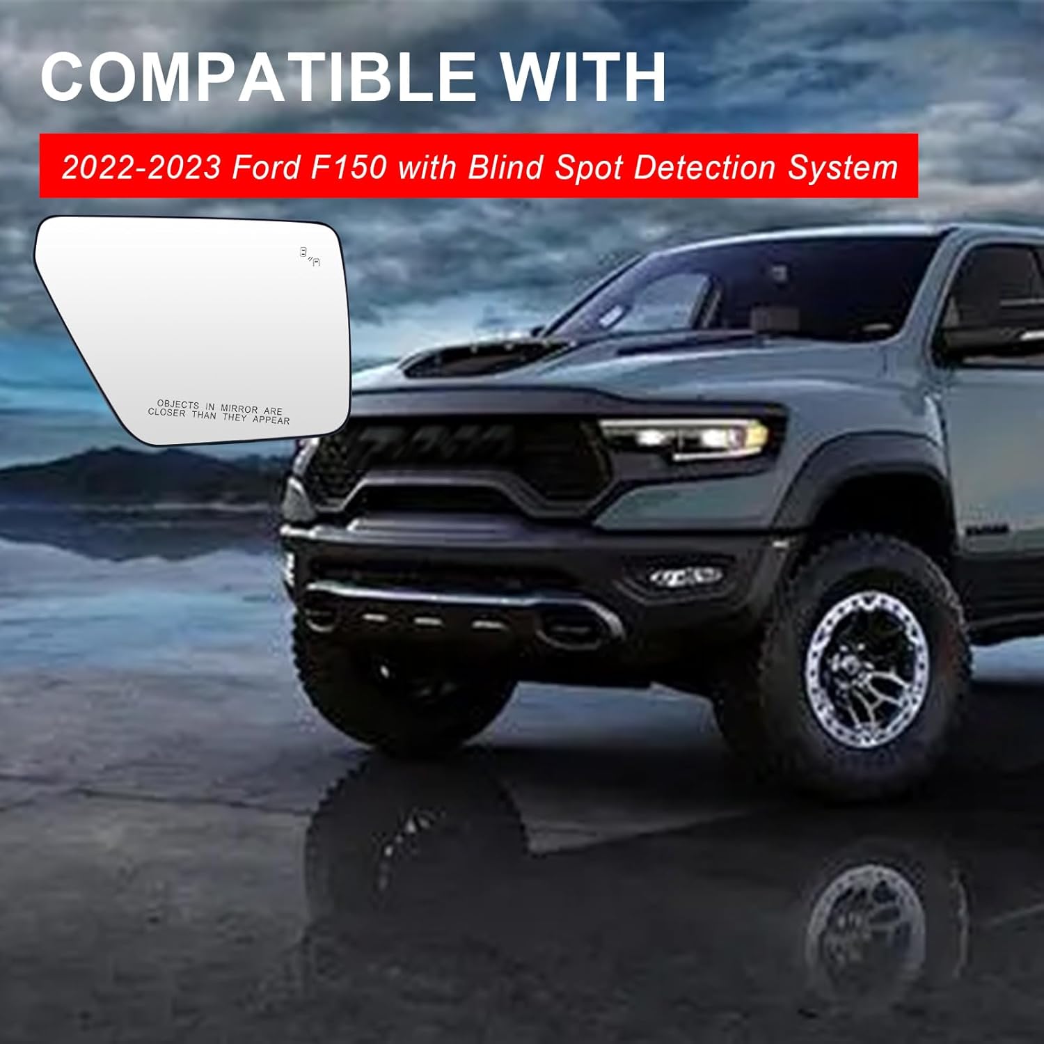 Passenger Side Mirror Glass Compatible with Ford F150 2022 2023 Mirror - With Rear Holder，Blind Spot Detection, Power Heated