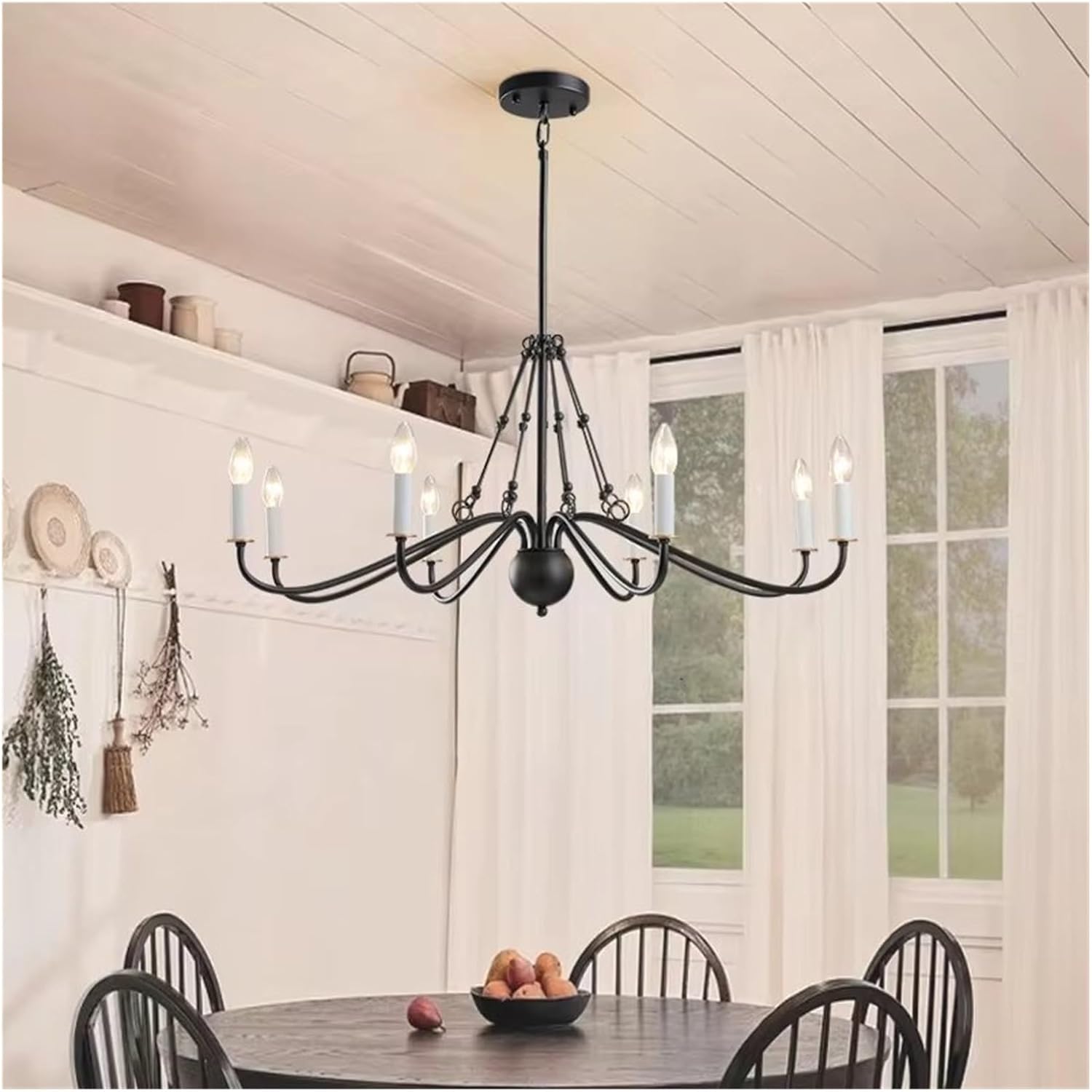American Farmhouse Iron Black Chandelier Simple 8-Light Candle Chandelier Ceiling Hanging Lighting,for Decoration