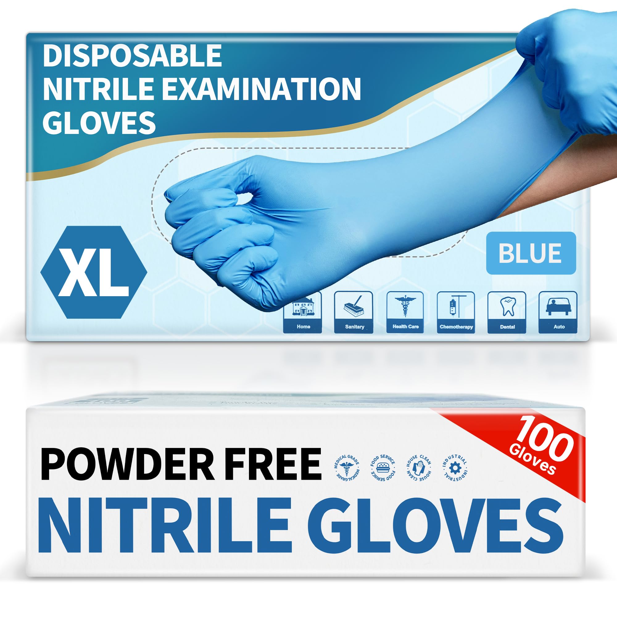 Medical Blue Nitrile Disposable Exam Gloves, 4.5 Mil 100 Pcs, Chemical Resistant Powder-Free Latex-Free Food-Safe