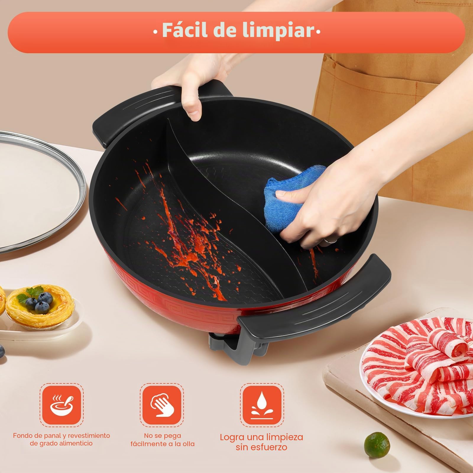 6L Hot Pot - Sartén eléctrica multifunción para fiestas, olla de doble rejilla Yin Yang Hotpot, olla antiadherente para el hogar, ajuste de temperatura 1300 W