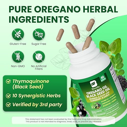 Miniatura 5 de Aceite de orégano con aceite de semilla negra - Cápsulas de aceite de orégano  Moringa, saúco, equinácea, ajo, hinojo - Aceite de orégano Carvacrol