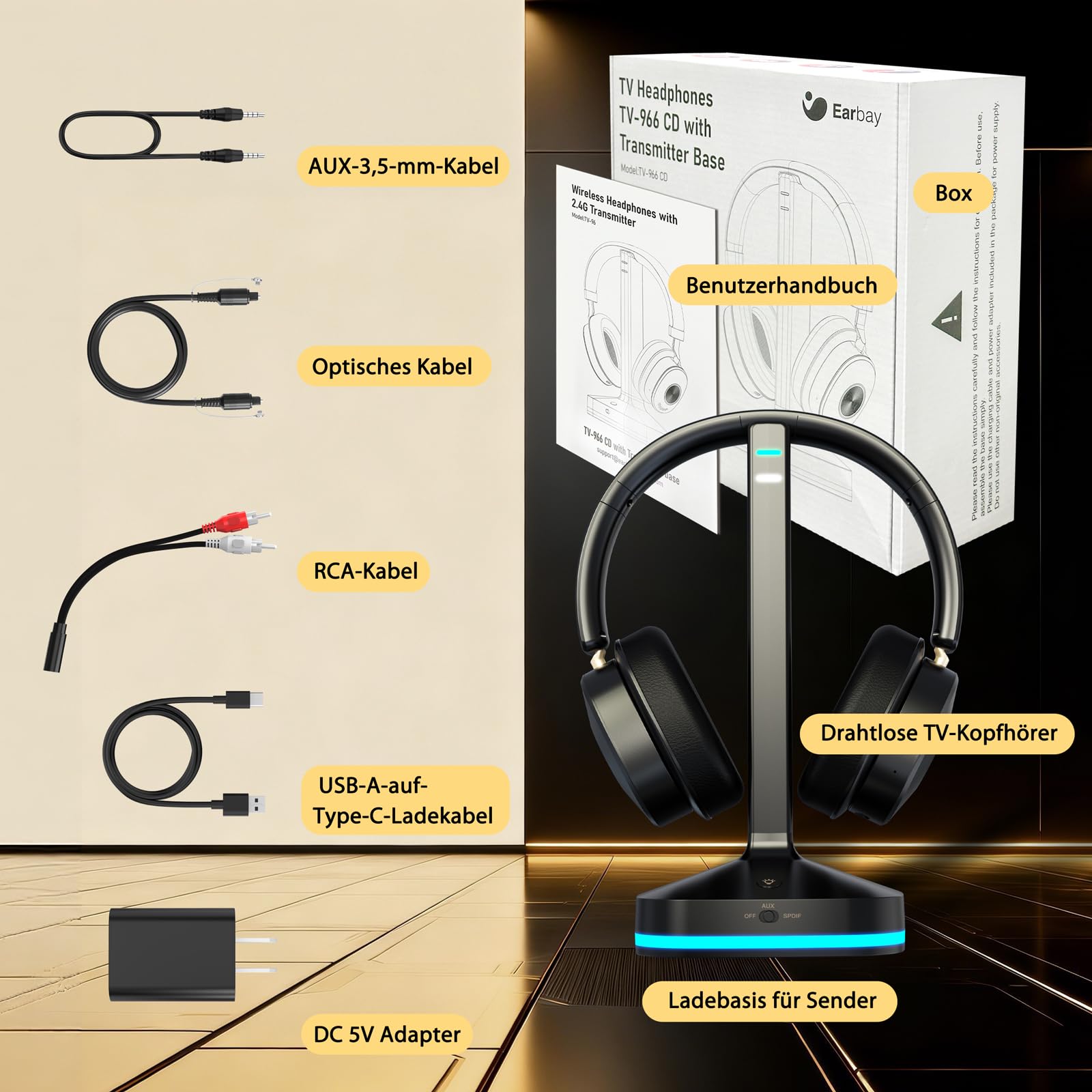 Funkkopfhörer für Fernseher, TV kopfhörer kabellos für Senioren mit Sender-Ladestation Plug-and-play, Bluetooth Kopfhörer mit Optisch/AUX/RCA & Keine Audioverzögerung, Geschenk für Senioren/Eltern