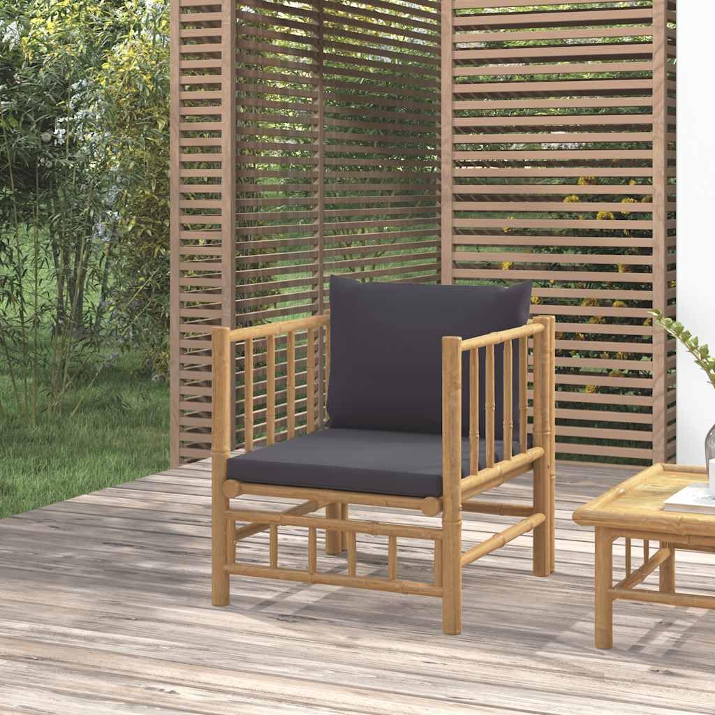 Bambusowy fotel ogrodowy z ciemnoszarymi poduszkami, 63 x 69 x 65 cm, modułowy leżak ogrodowy z wygodnymi poduszkami do siedzenia, meble ogrodowe na taras, balkon i zestaw wypoczynkowy