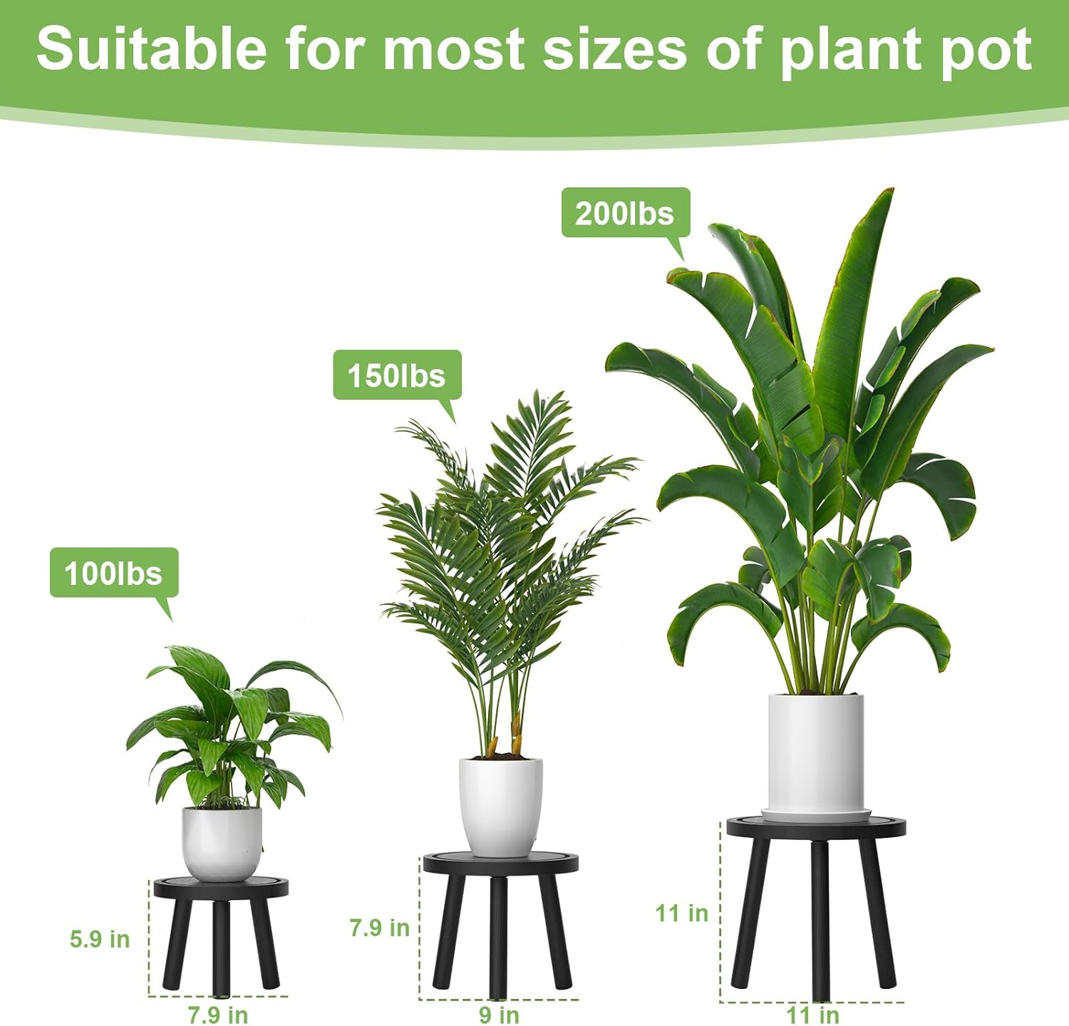 3-Pack Wood Plant Stands Indoor, Single Plant Stand for 6-12 Inch Pots, Mid-Century Modern Plant Stool, Tall Plant Stand for Large Plants for Living Room, Balcony, Office (Black)