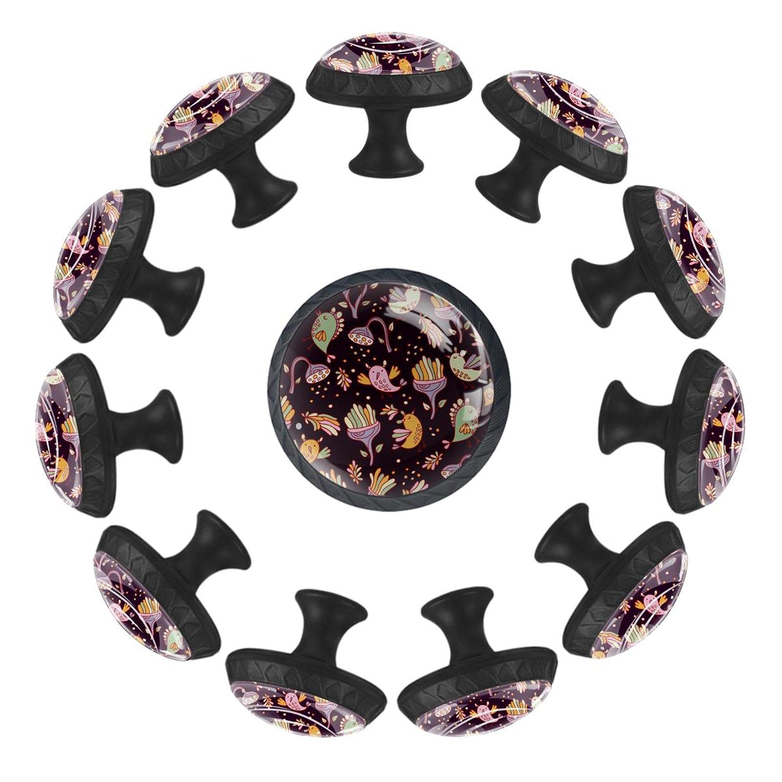 Poignées de tiroir motif fleurs et oiseaux lot de 12 boutons ronds en 35 mm
