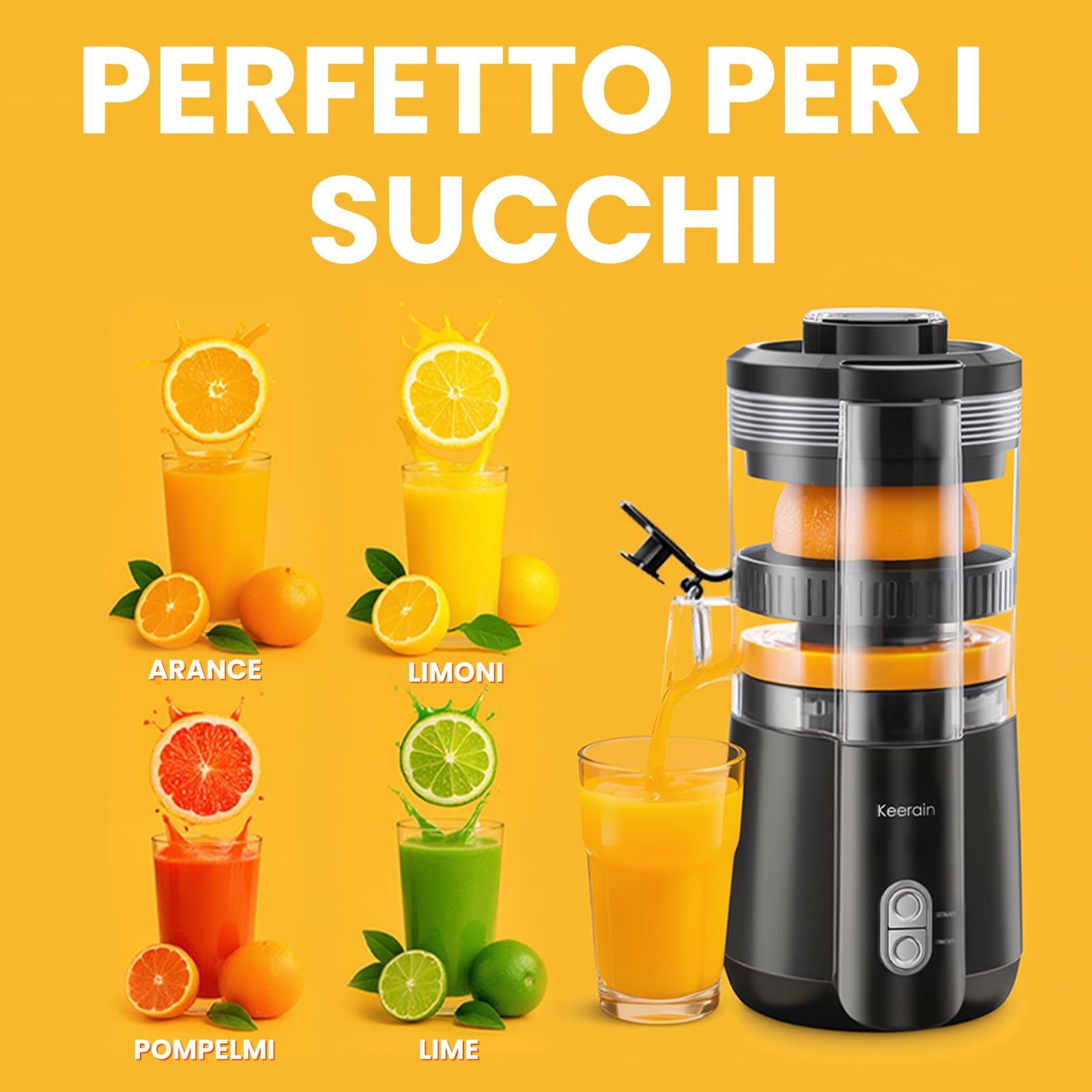 Keerain Spremiagrumi Elettrico, Spremiagrumi Professionale per Arance, Pomodori e Limoni, 100W, Spazzola e Parti Amovibili