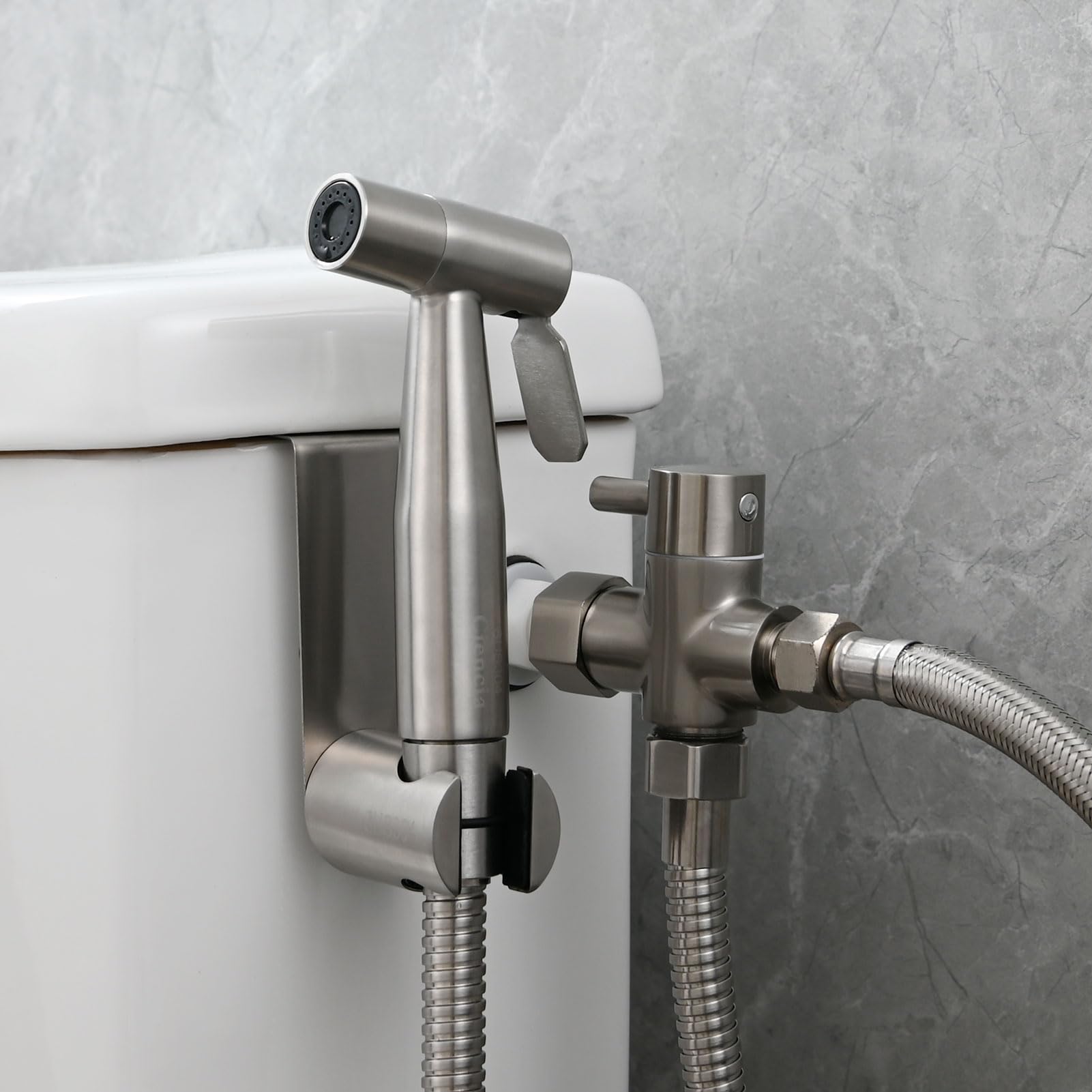 Tecmolog Kit Douchette Wc Acier Inox Douchette à Main Bidet avec Vanne WC 3 Voies 3/8"-12/17 et Tuyau de Douche 1.2m, Idéal pour WC Suspend, WS024F8