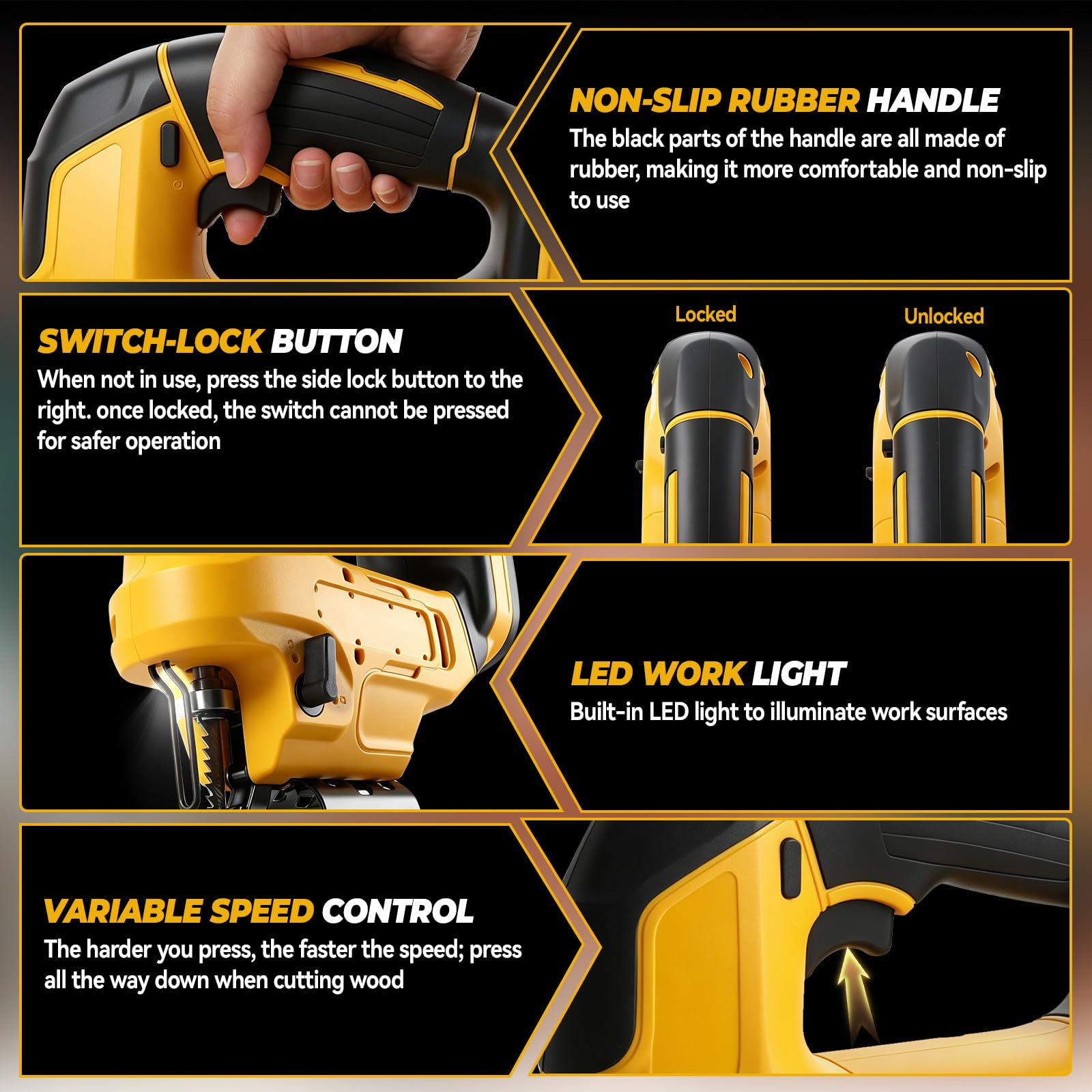 Sierra de calar inalámbrica compatible con baterías DEWALT de 18 V/20 V, 20.000 rpm, motor sin escobillas, 4 posiciones de carrera, regulación de velocidad continua, carrera de 23 mm, 0-2750 carreras