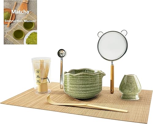 Miniatura 1 de Juego de batidores de matcha, kit de 7 piezas de matcha con cuenco con boquilla, tamiz y soporte para batidor. El kit completo de fabricación de
