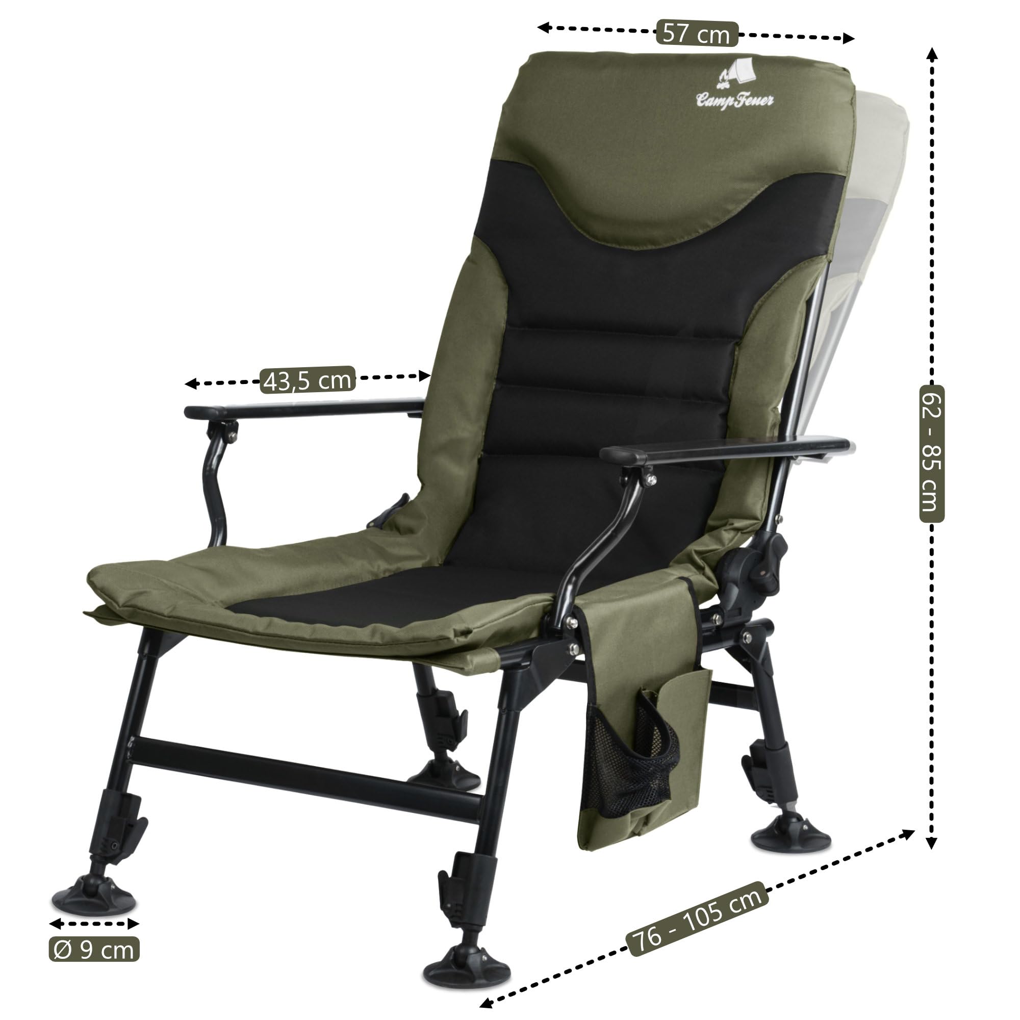 CampFeuer Angelstuhl Moosgrün/Schwarz | Höhenverstellbarer Campingstuhl | Faltbarer Karpfenstuhl | Outdoor Travelchair für Camping, Zelten, Angeln | Fischerstuhl klappbar, Carp Chair, Angelliege