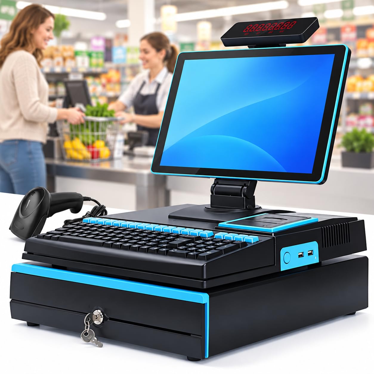 TsoLay Terminal De Punto De Venta Windows Cash Register, Pantalla Táctil De 15,6", Procesador I7, Cajón Portamonedas, 8 GB De Ram, 256 GB De Almacenamiento, Windows 10 para Blue