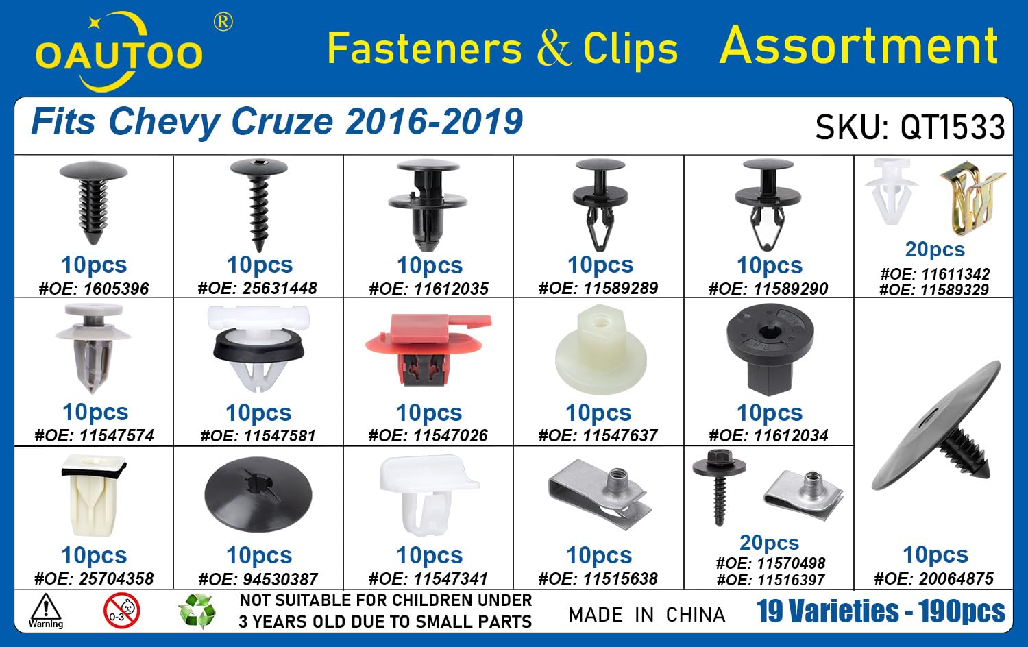 OAUTOO 190pcs fits Chevy Cruze 2016-2019 Auto Body Interior and Exterior Retainer Fastener Clip Assortment