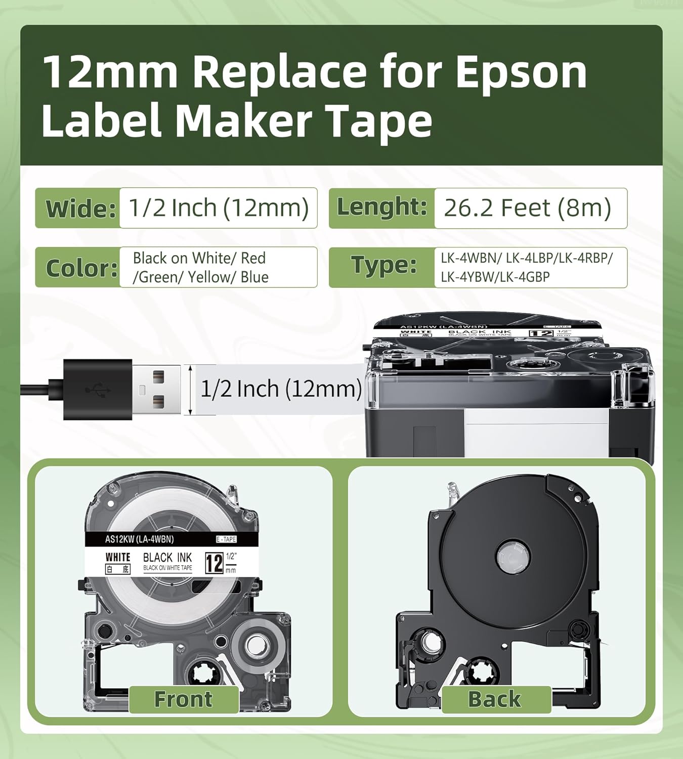 Compatible for Epson Label Maker Tape 12mm 0.47‘’ LabelWorks Cartridge Black on White/Red/Green/Yellow/Blue Work for Epson LW-300 LW-400 LW-500 LW-600P LW-700 LW-PX750 LW-900P Label Maker, 5pk