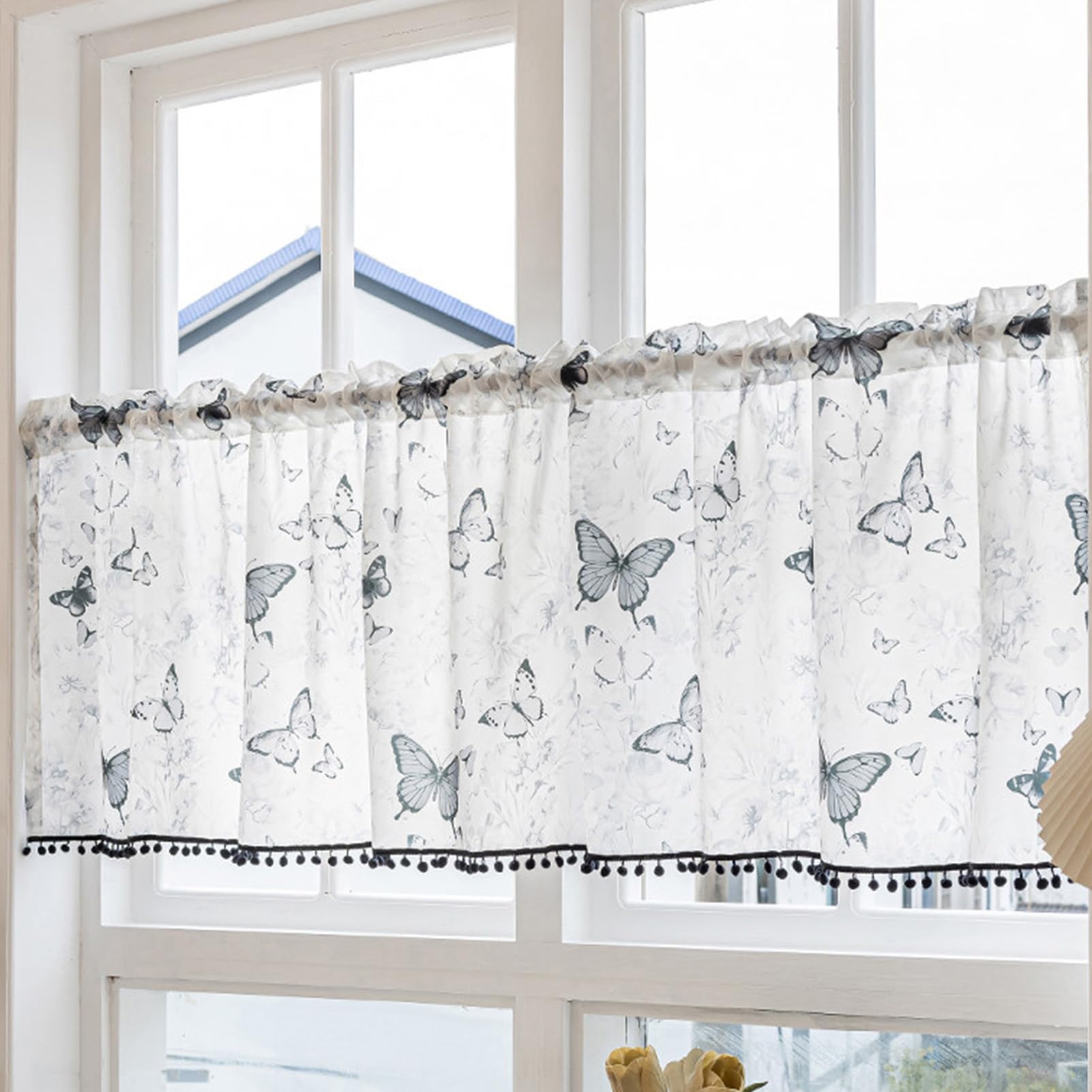 ZZYK Sheer Valance Curtains for Living Room,Rustic Lively Blue Butterfly Valance Curtains,Rod Pocket Tassel Window Valance for Bedroom Cafe Farmhouse,79" W x 79" L(Pack of 1)