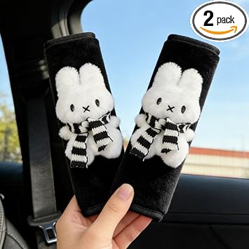 2 PCS Seat Belt Cover Pad, Cute Kawaii Animal Bunny Soft Seatbelt Covers, Plush Seatbelt Cushion for Adults Kids, Car Seat Strap Pads Black