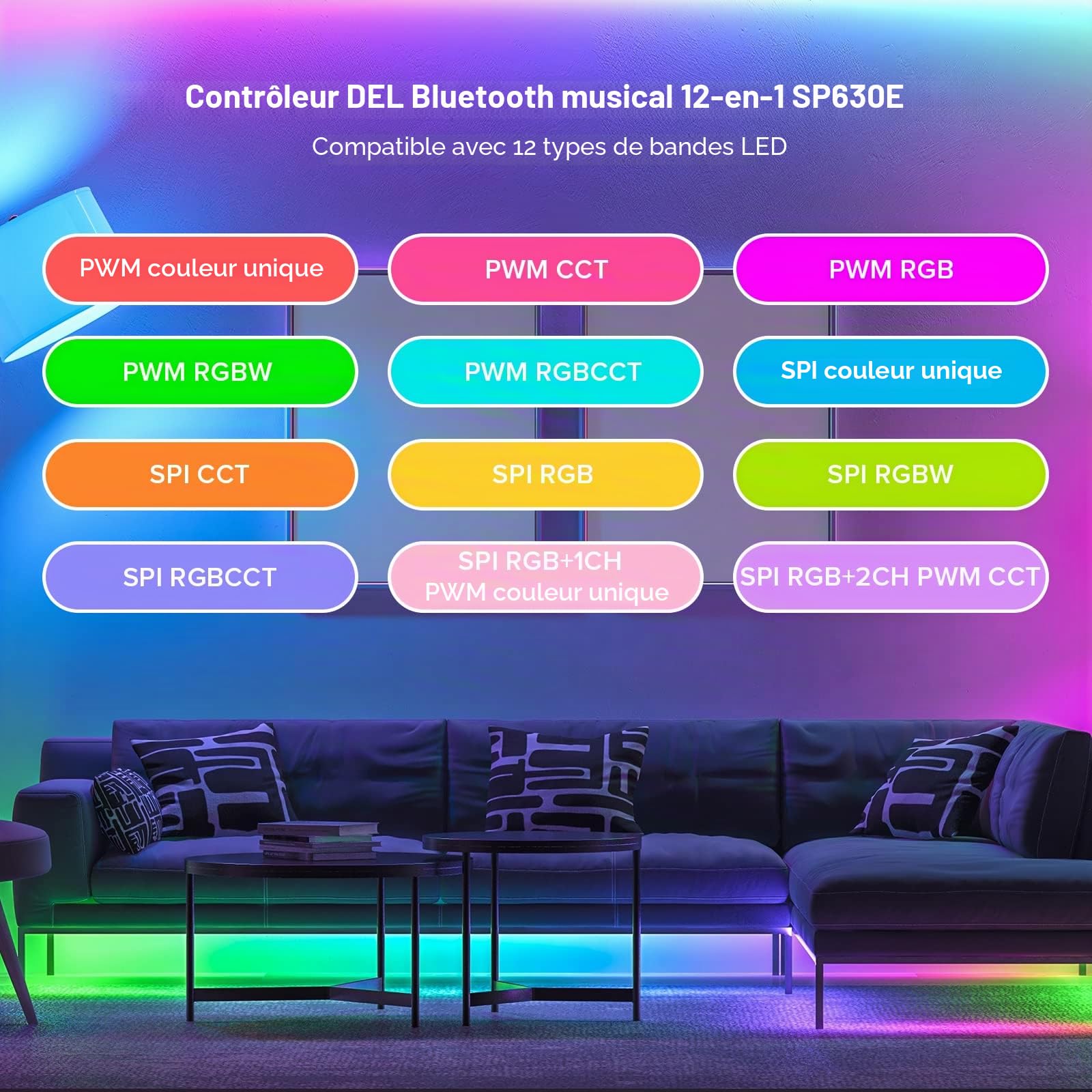 SEZO SP630E Contrôleur LED Bluetooth 12 en 1 2.4G DC5V-24V Compatible avec Ruban LED 5 CH PWM monochrome RGB RGBW ou SPI TTL IC WS2812B SK6812 WS2811 FCOB CCT LED Strip Control Modèle Musical