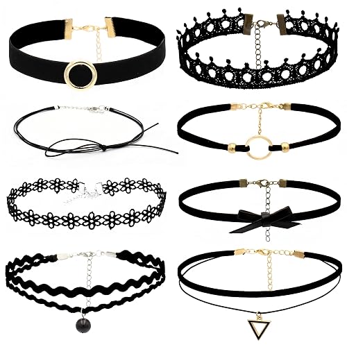 D.Bella 6Pcs Black Lace Choker Necklace Set for Women Gothic Velvet Heart Flower Hollow Chokers Collar Necklace - B-8PCS