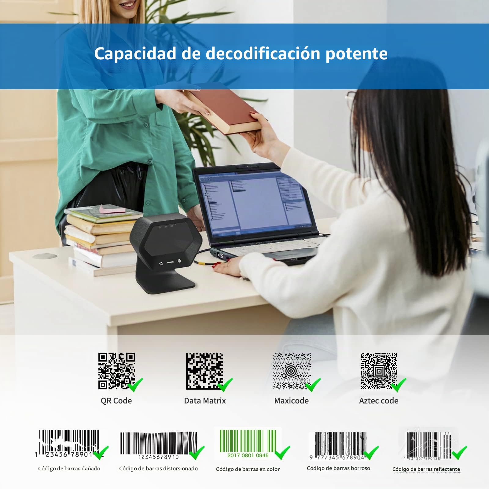 NETUM 1D 2D QR de Manos Libres USB escáner de código de Barras omnidireccional con Cable Lector de para el Pago móvil Ordenador Pantalla escaneo Compatible PDF417, código Securpharm (Matriz de Datos)