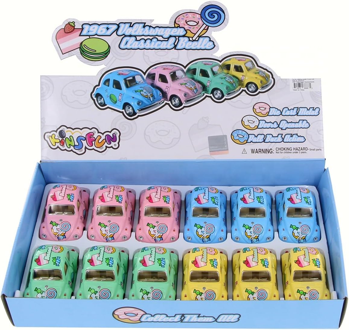 KiNSMART Box of 12 1967 Volkswagen Classic Beetle w/Decals Hardtop, ASSTD 4026DYF - 4" Scale Diecast Model Cars