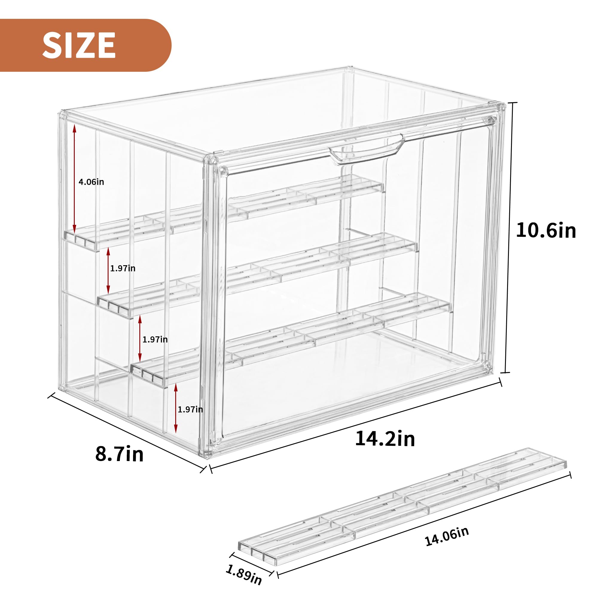 Vitrina acrílica transparente para figuras, estante de exhibición de figuras de 4 capas con 3 placas móviles, caja de exhibición apilable con puerta magnética para coleccionables, paquete de 3