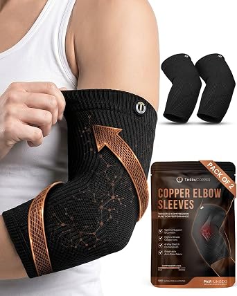 TheraCopper Copper Elbow Compression Sleeve for Men & Women Medium,2 Pack