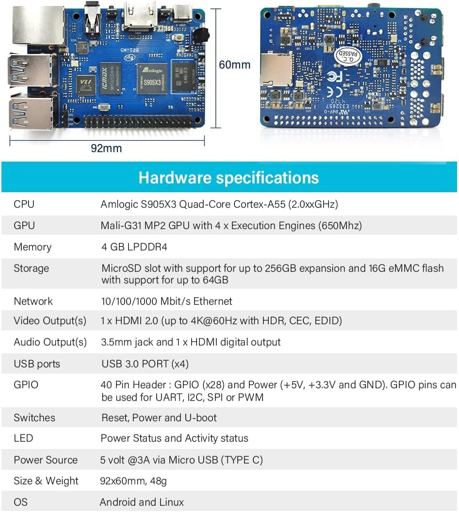 WayPonDEV Banana Pi M5 - Ordenador monoplaca con procesador Amlogic S905X3 Quad-Core Cortex-A55 de 2,0 GHz, 4 GB de RAM + 16 GB LPDDR4, compatible con sistema operativo Linux Android (con Iron Case