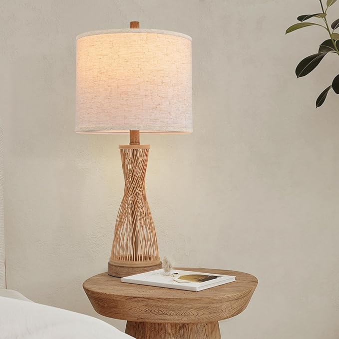 Liyicha Lamps for Bedroom Wooden Bamboo Strip Table Lamp Farmhouse Bedside Lamps Set of 2 Wood Table Lamp Desk Light Bedroom Lights Bedside Lamps Set of 2,Linen Shade, 25.5 in photo 6