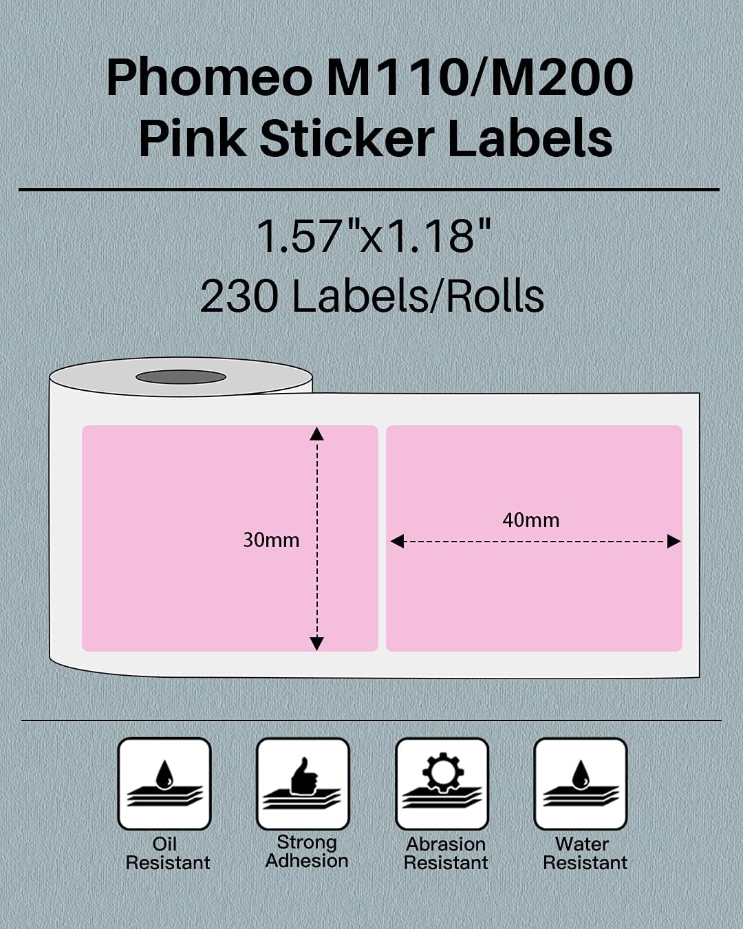 Phomemo Sticker Label M110/M221/M220/M120/M200/M150/M250/M260 Pink Label- 1.57"x1.18"(40x30mm) Thermal Paper for Small Business, Home, Office, 230 Labels/Roll image 2