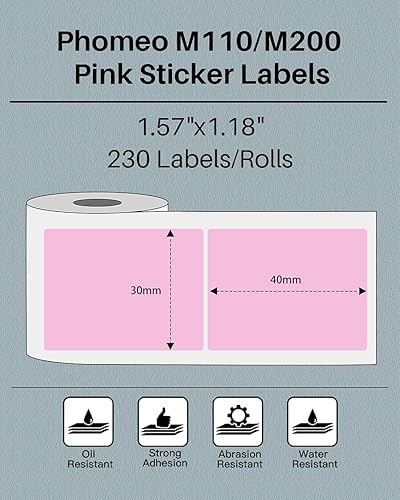 Miniatura 2 de Phomemo Etiqueta adhesiva M110M221M220M120M200M150M250M260 Etiqueta rosa- Papel térmico de 1.57 x 1.18 pulgadas para pequeñas empresas, hogar