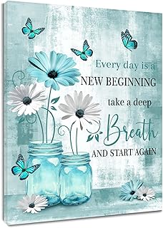 MASLEK Teal Daisy Butterfly Canvas Wall Art, Rustic Decor, 20L x 16W Inches | Teal floral and butterfly canvas with a new beginning quote for bathroom, bedroom, living room, office, or entryway decor.