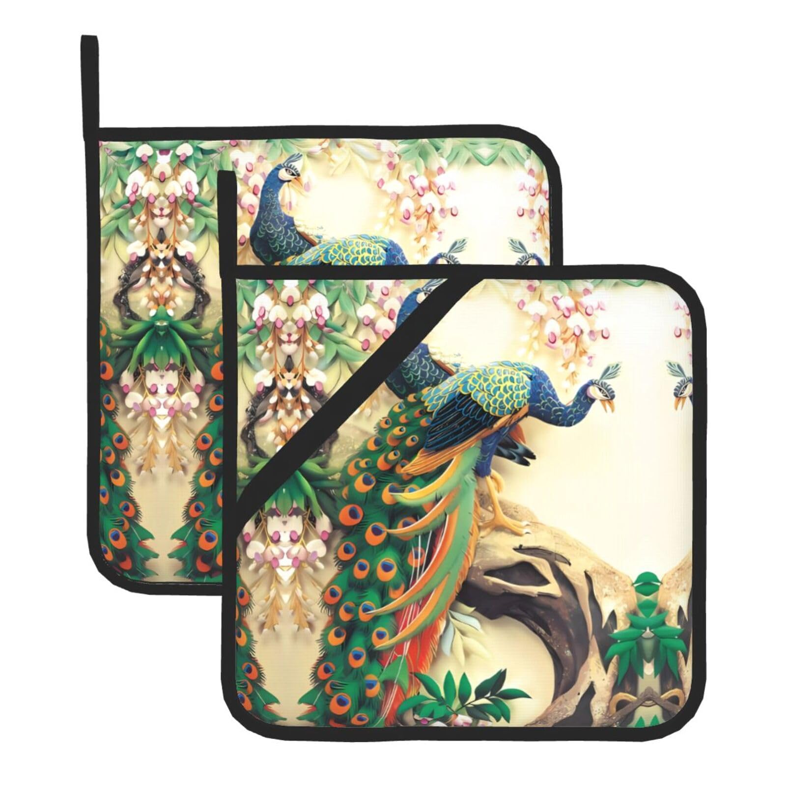WHJSSF Oriental Peacock on Flower Tree Prints Square Hot Pads for Kitchen Counter - Waterproof Trivets with Hanging Loop, Thick Pot Covers for Serving, Oven & BBQ - Set of 2 (1 with Pocket)