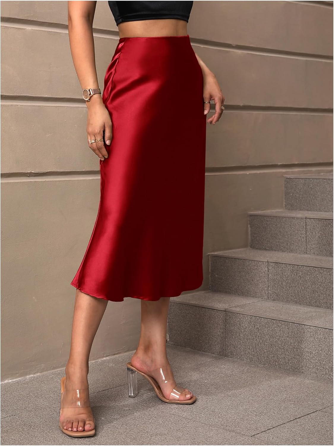 Floerns Women's Plus Size Satin High Waisted Skirt Elegant A Line Party Cocktail Midi Skirts - Image 4