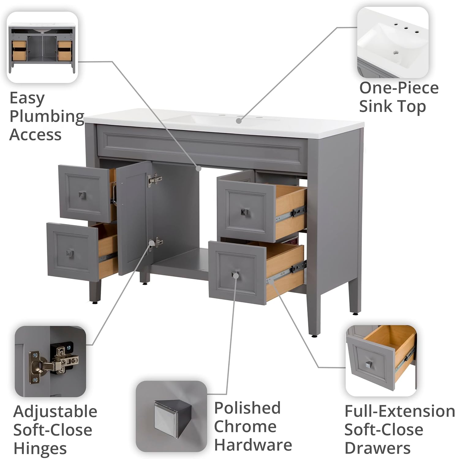 Spring Mill Cabinets Vadin 48 Inch Bathroom Vanity with White Single Sink Top, 4 Soft -Close Drawers, 2-Door Cabinet, 48.5" W x 18.75" D x 35.43" H, Sterling Gray