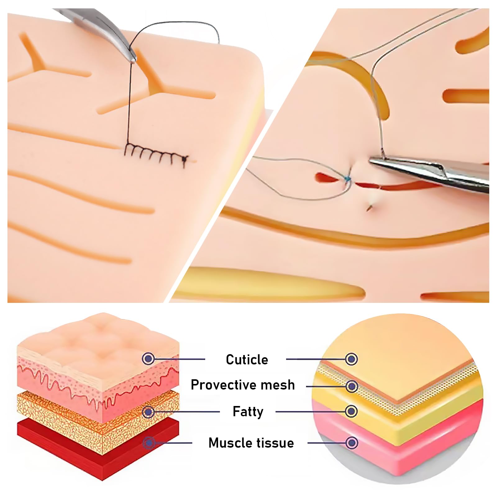 Vegena Almohadilla de práctica de sutura – Kit completo de práctica de sutura, piel de silicona de 3 capas con herramientas y funda de transporte, almohadilla de sutura de piel para entrenamiento y