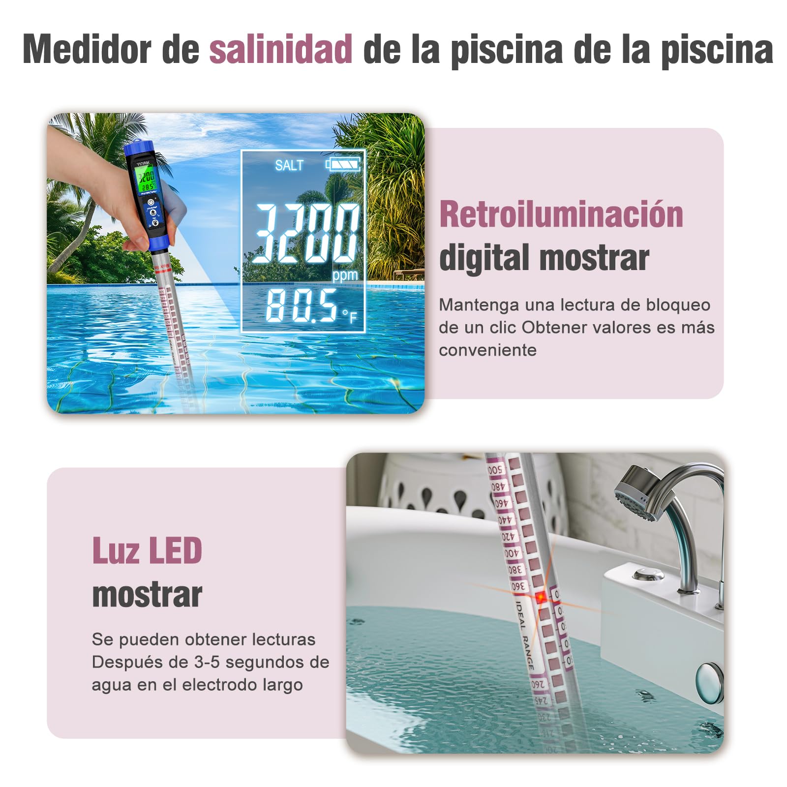 YINMIK Piscinas Medidor de Sal, Probador de Salinidad y Term Metro, Medidor de Salinidad Digital para Piscina SPA, Adecuado para Piscinas, Peces de Agua Dulce