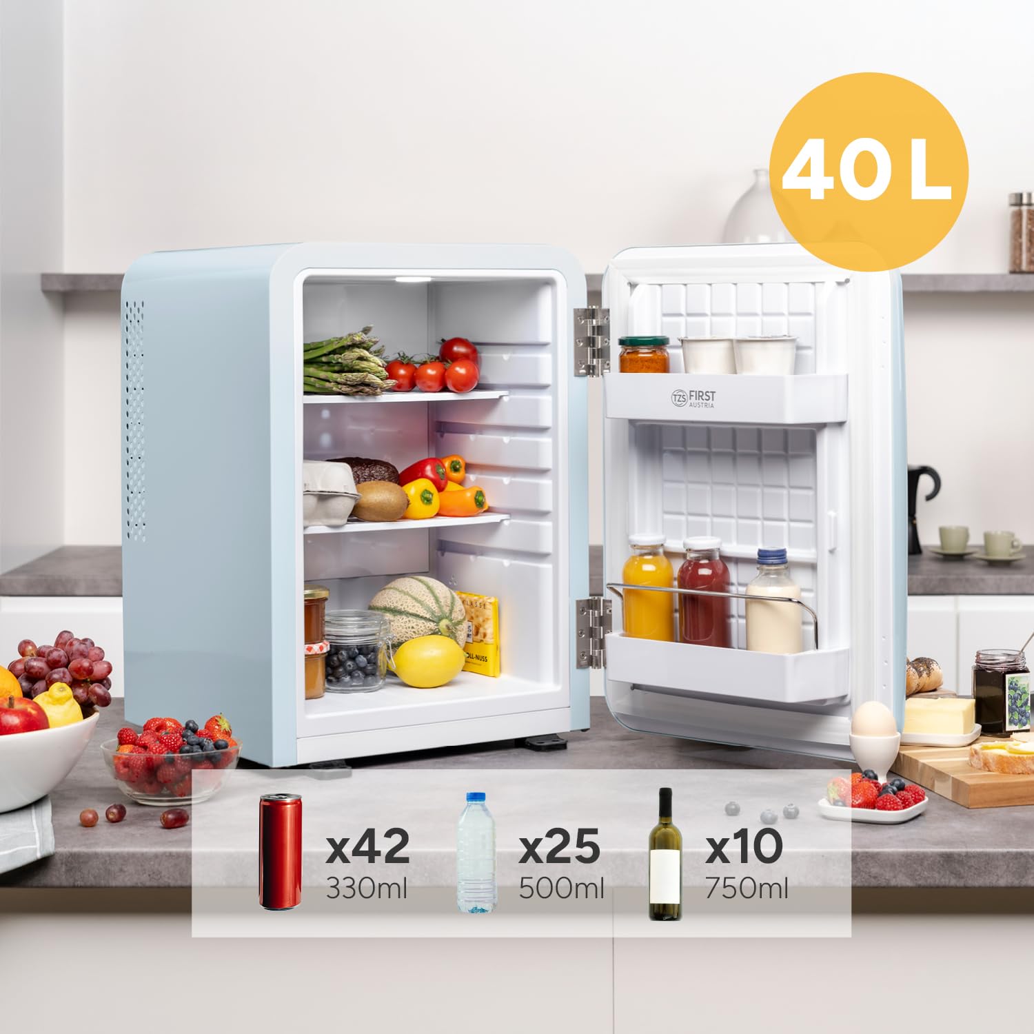 TZS First Austria Minilodówka 40 l | całkowicie bezgłośna | design retro | regulator temperatury | oświetlenie LED | 2 półki na drzwi + 6 elastycznych półek wkładanych