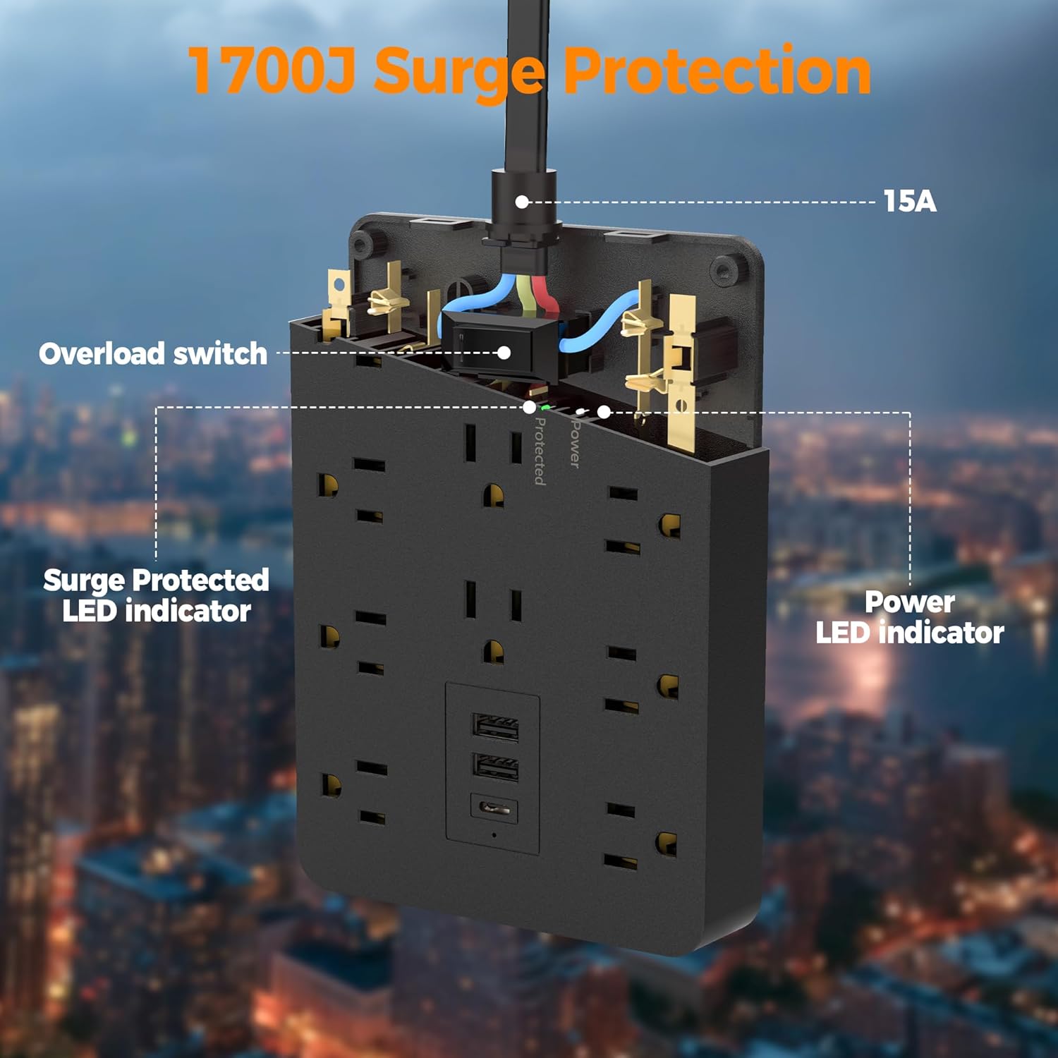 Surge Protector Power Strip Black, TESSAN Flat Plug Extension Cord 10 FT with 10 Widely AC Outlets 3 USB(1 USB C), 1700J Protection Multi Plug Charging Station for Home, Office, College Dorm Room