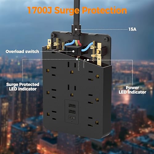 Miniatura 2 de TESSAN - Tira de alimentación negra con protector de sobretensiones, cable de extensión de enchufe plano de 10 pies con 10 salidas de corriente