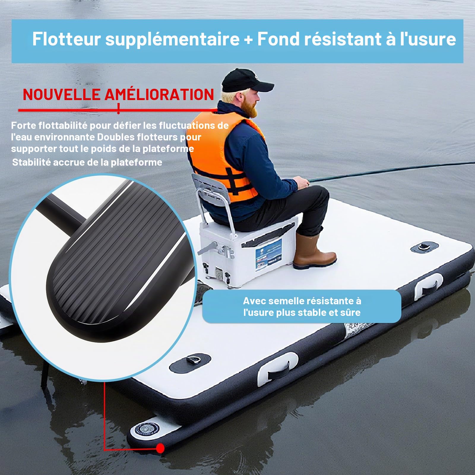 Plateforme de quai flottante gonflable avec pontons inférieurs, station d'accueil pneumatique robuste pour le bateau, la pêche et la piscine – Comprend des pagaies et une pompe, 2 m, 2,4 m