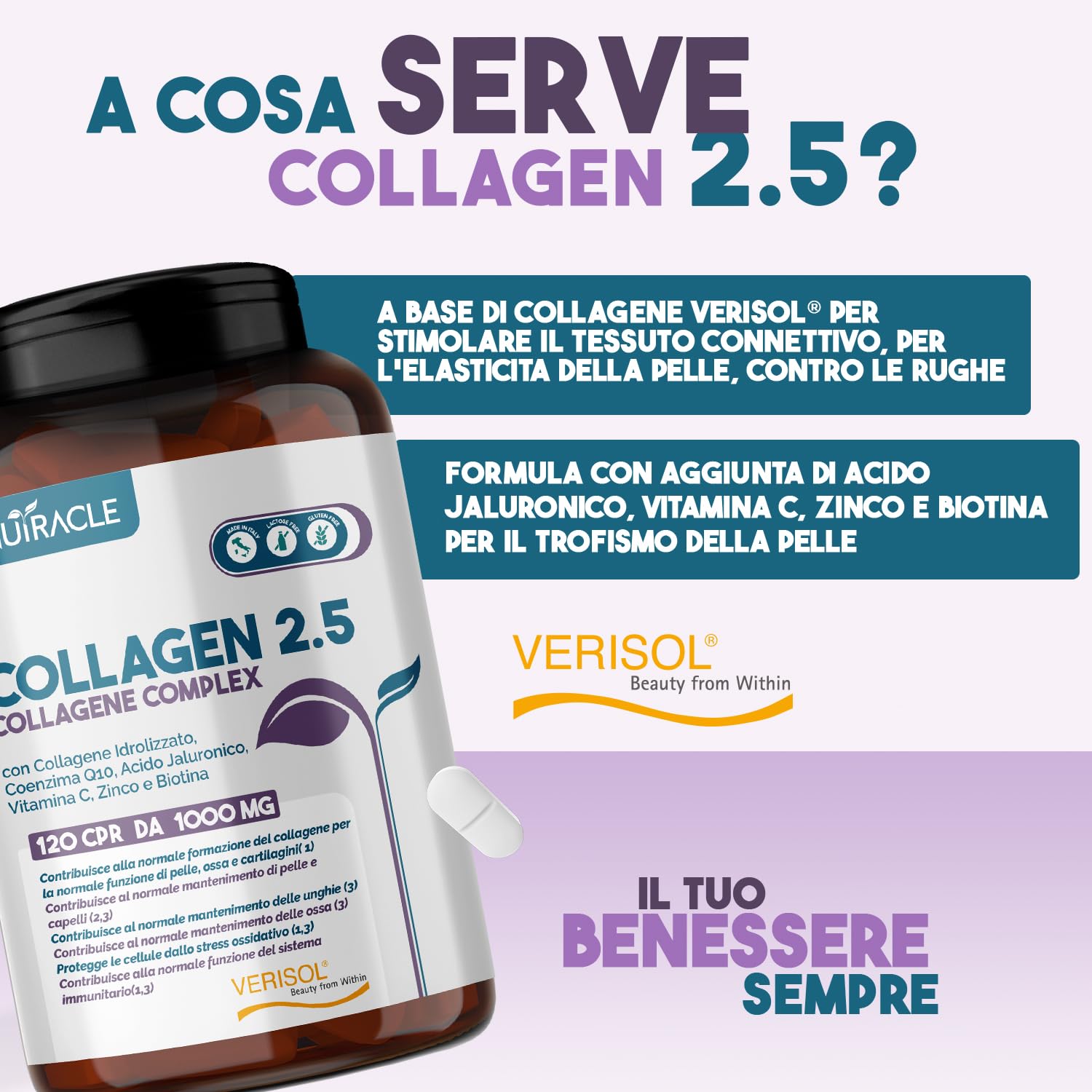 Collagene Idrolizzato Verisol® 2500 mg + Acido Ialuronico + Coenzima Q10 - Integratore Pelle, Capelli e Ossa con Biotina, Zinco e Vitamina C - 240 compresse, Nutracle