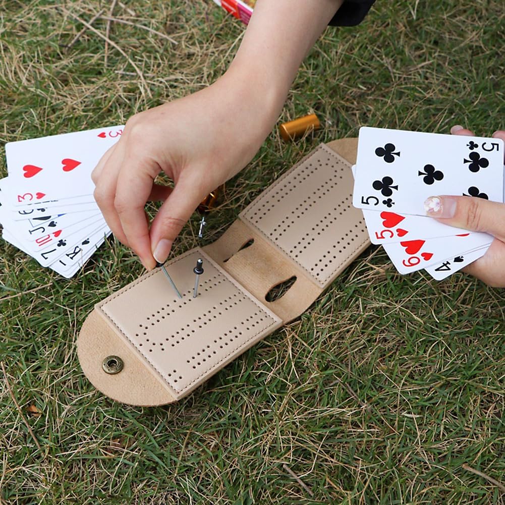 Travel Cribbage Board Game Set, Portable Cribbage Boards Unique 2 Track Cribbage Board, Foldable PU Mini Cribbage Board with 4 Cribbage Pegs, Folded:3.14x4.92in,After Unfolding L:10.31in (1Pcs)