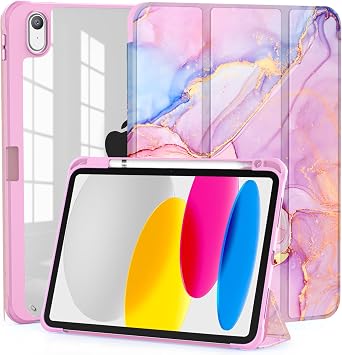 OKP Trifold Stand Case for iPad 11-inch A16 2025, for 10.9 iPad 10th Gen 2022 with Clear PC Back Shell, Marble Light Pink