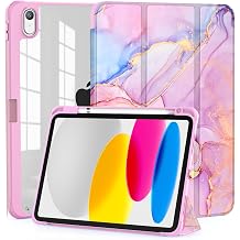 OKP Trifold Stand Case for iPad 11-inch A16 2025, for 10.9 iPad 10th Gen 2022 with Clear PC Back Shell, Marble Light Pink