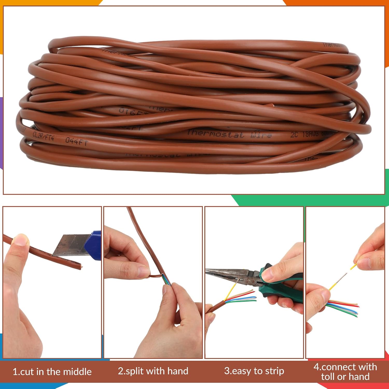 Buryeah Thermostat Wire Bell Wire Solid Copper Cable 18 Gauge ETL, Power Circuit Cable Moisture, Heat and UV Resistant for Low Voltage Applications Use(18/6,50 ft)