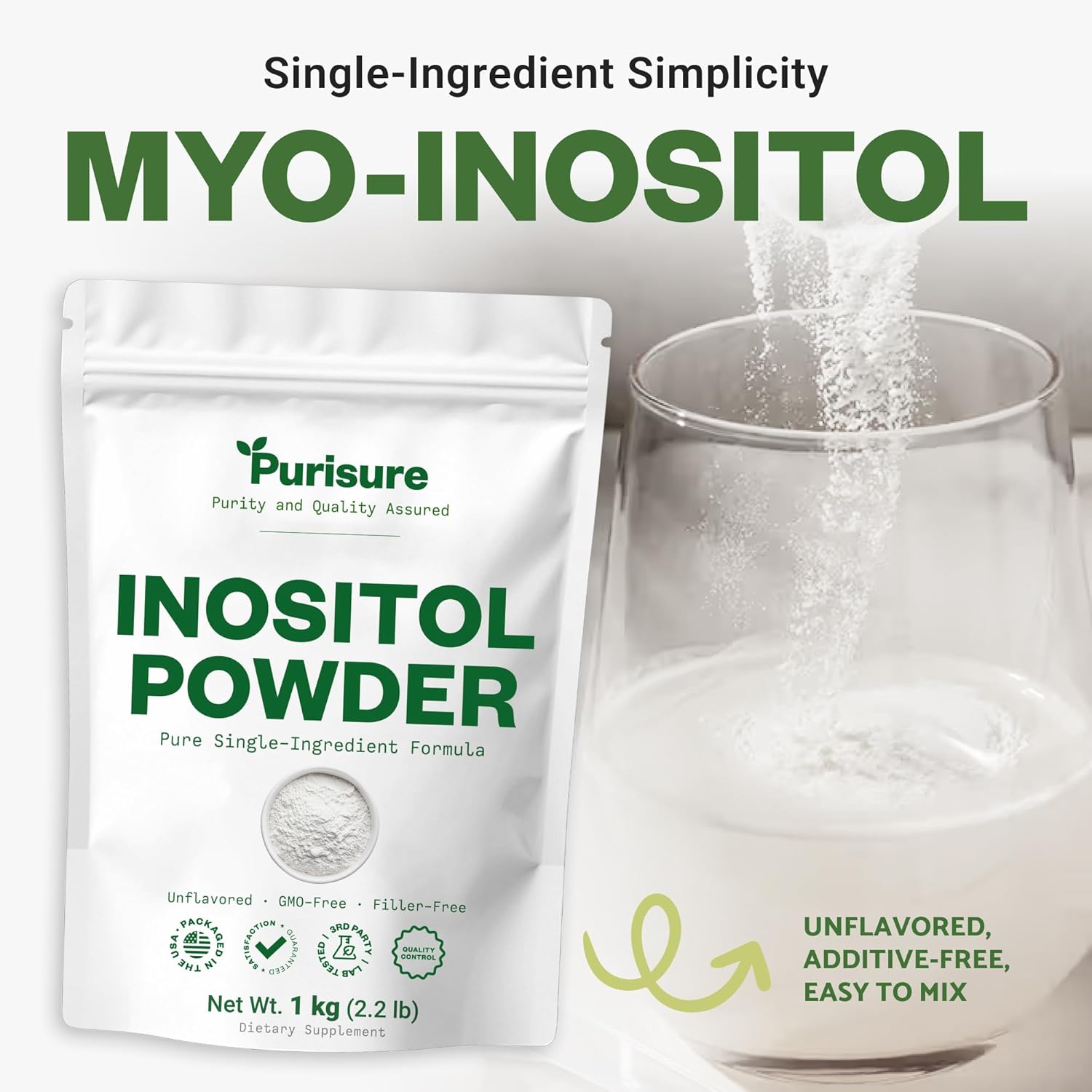 Purisure Inositol Powder, 1 kg, Fertility, Hormonal Balance and Ovarian Support, Pure Inositol Powder, Inositol Supplement to Support Energy and Brain Wellness, Vegan, Non-GMO, 2000 Servings