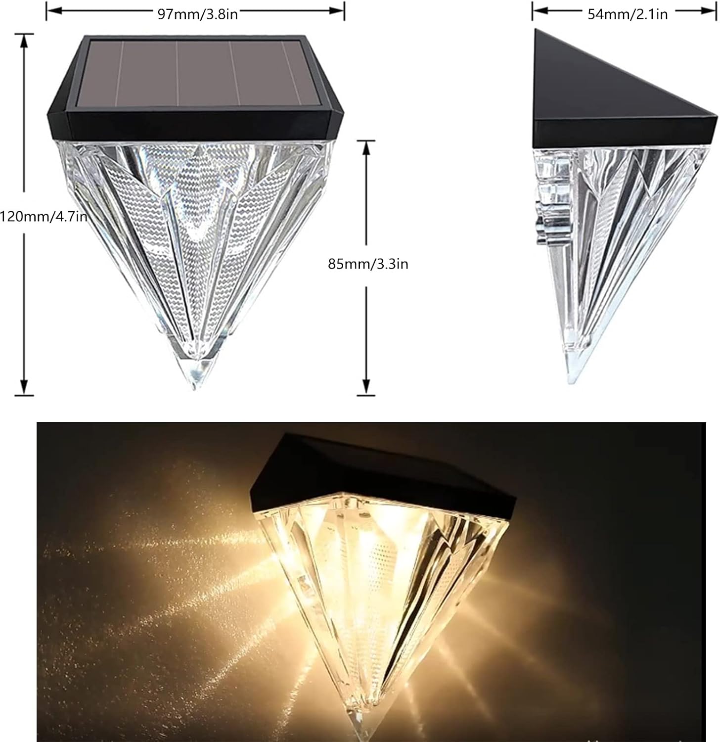Diamond Solar Garden Lights, Outdoor Waterproof LED Solar Deck Lights Outdoor Patio Wall Decor for Fence Deck Step Wall Railing Patio, Warm White, 4Pack