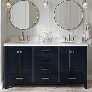 ARIEL 67" Midnight Blue Double Bathroom Vanity with 1.5" Edge Italian Carrara Marble Countertop & Splash, 2 Oval Sinks, 4 Soft Closing Doors, 6 Full Extension Dovetail Drawers, Satin Brass
