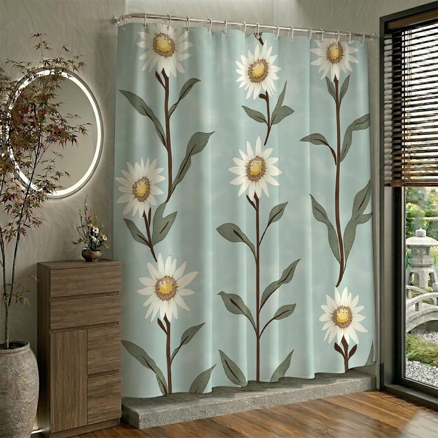 Duschvorhang 200 x 240 cm Salbeigrün, Duschvorhänge Waschbar Textil Polyester Stoff mit 12 Ösen und Duschvorhangringe für Badewanne Vorhang, Wasserdicht Duschvorhang mit Gewicht Unten (Blume) W-P406